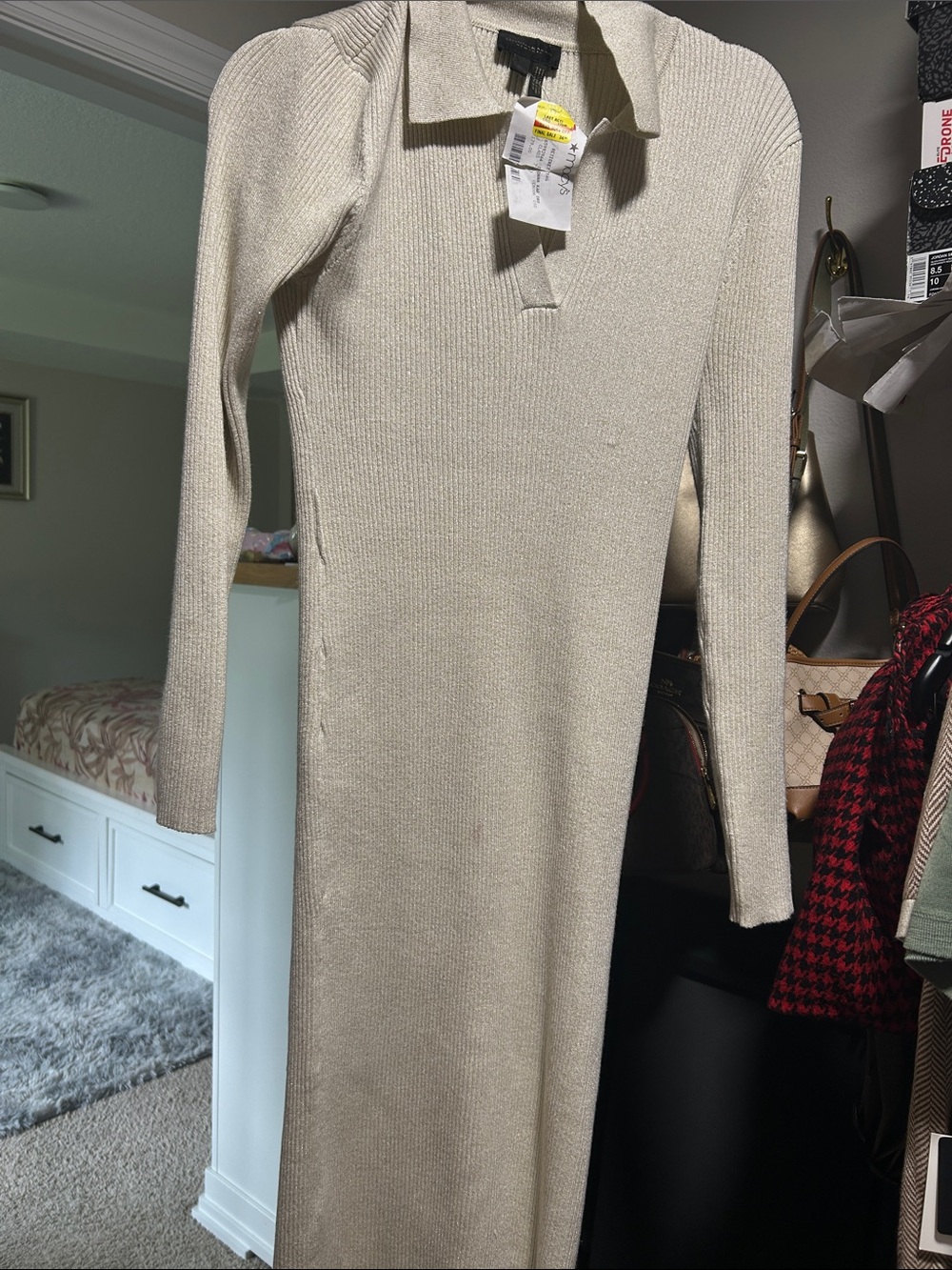 Donna Karan Cream Ribbed Polo-Style Long Sleeve Midi Dress